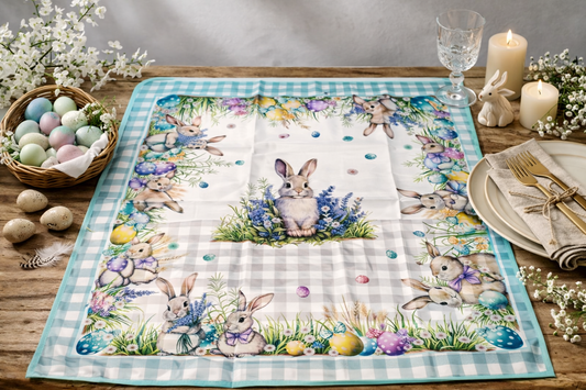 Αλέκιαστο Πασχαλινό Καρέ 85x85 – Ανθεκτικό Τραπεζομάντηλο με Λαγουδάκια & Αυγά