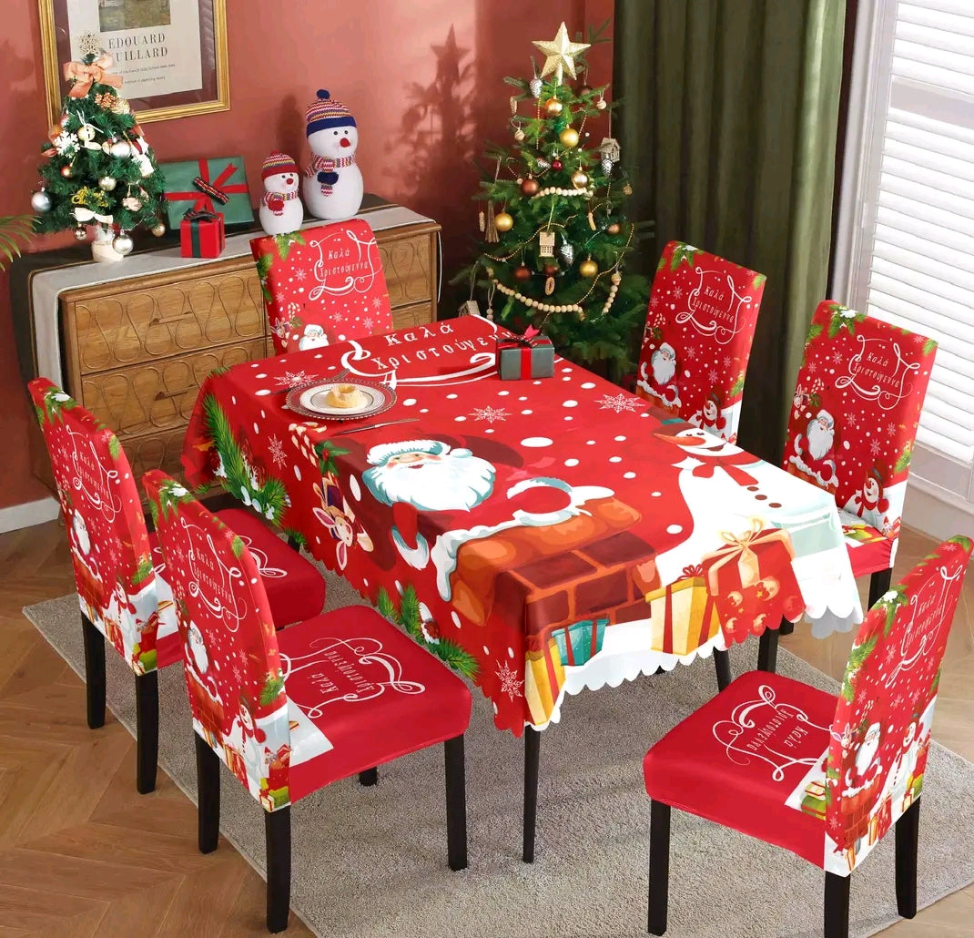 Χριστουγεννιάτικο Σετ Τραπεζαρίας – 6 Ελαστικά Καλύμματα Καρεκλών + Αλεκιαστο Τραπεζομάντηλο 150x220