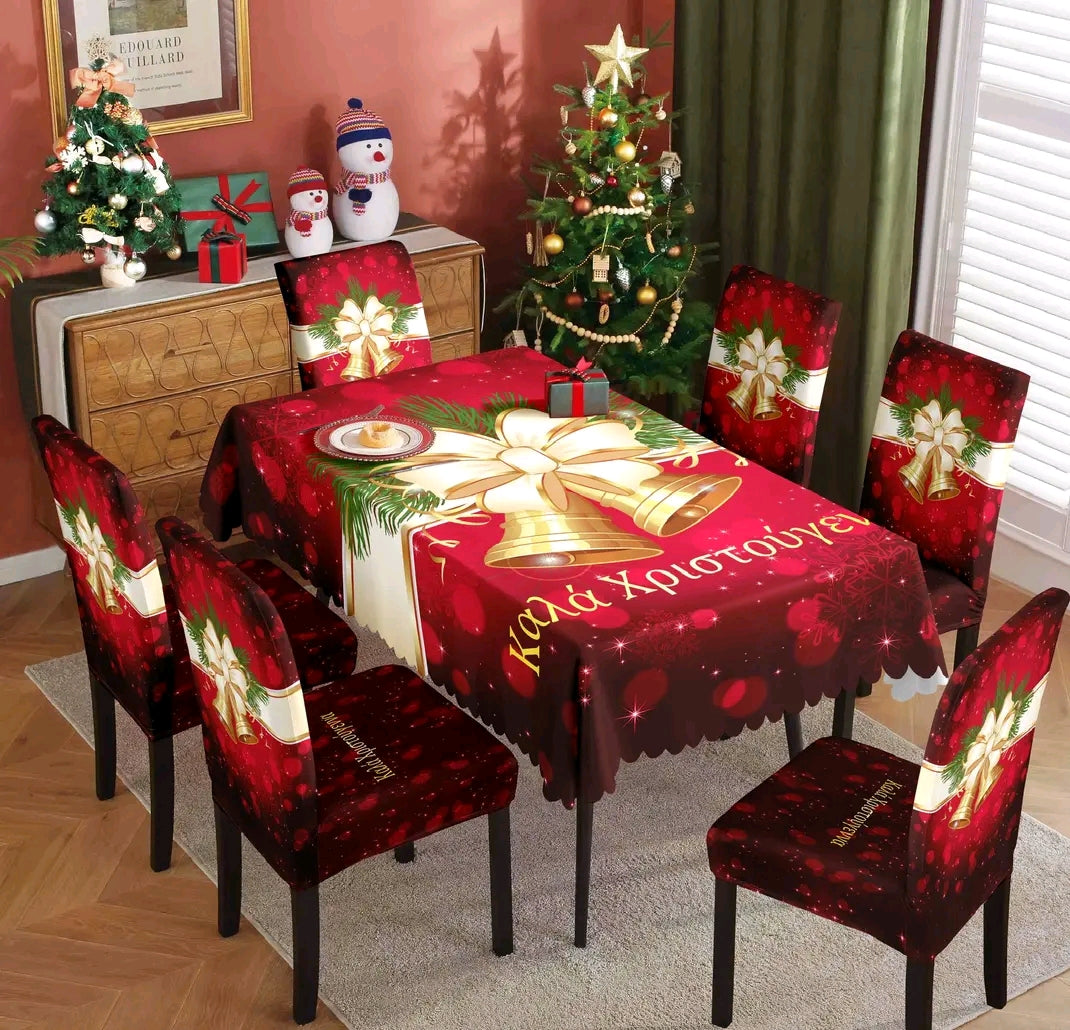 Χριστουγεννιάτικο Σετ Τραπεζαρίας – 6 Ελαστικά Καλύμματα Καρεκλών + Αλεκιαστο Τραπεζομάντηλο 150x220