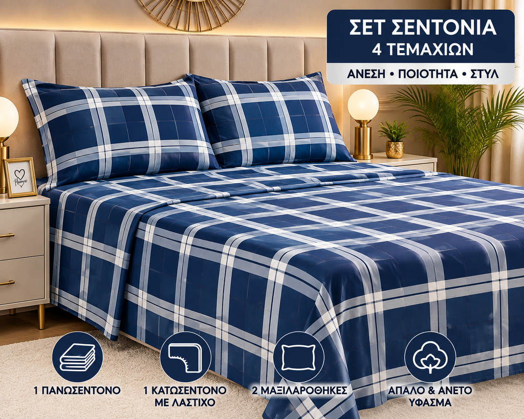 Σετ Σεντόνια Υπέρδιπλα 4 Τεμαχίων 160x200+30 με Λάστιχο |ALL4MYHOME