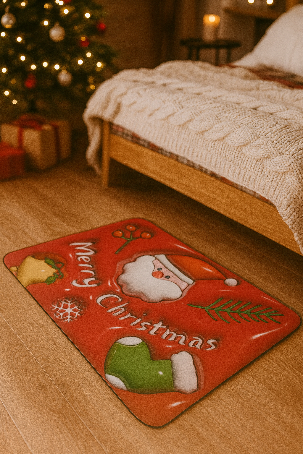 Χριστουγεννιάτικο Λαστιχένιο Πατάκι 60×40 cm – Merry Christmas με Χιονάνθρωπο, Άγιο Βασίλη & Γιορτινά Σχέδια