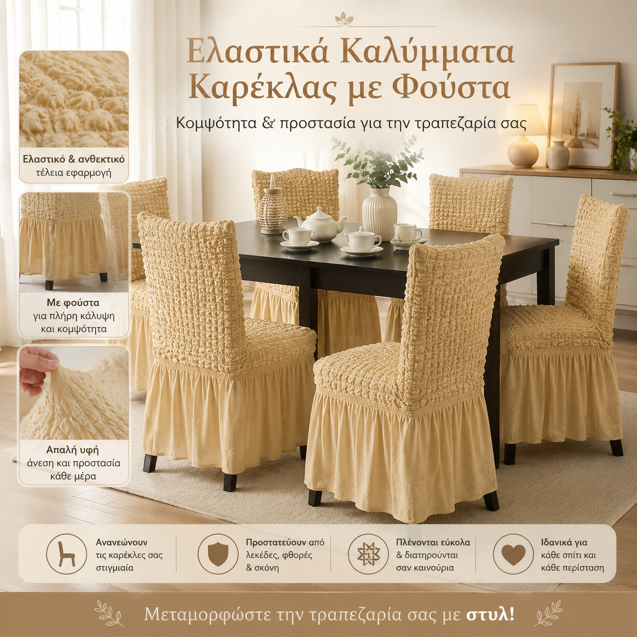 Ελαστικό Κάλυμμα Καρέκλας Τραπεζαρίας με Φούστα – Ανάγλυφο και Εφαρμοστό