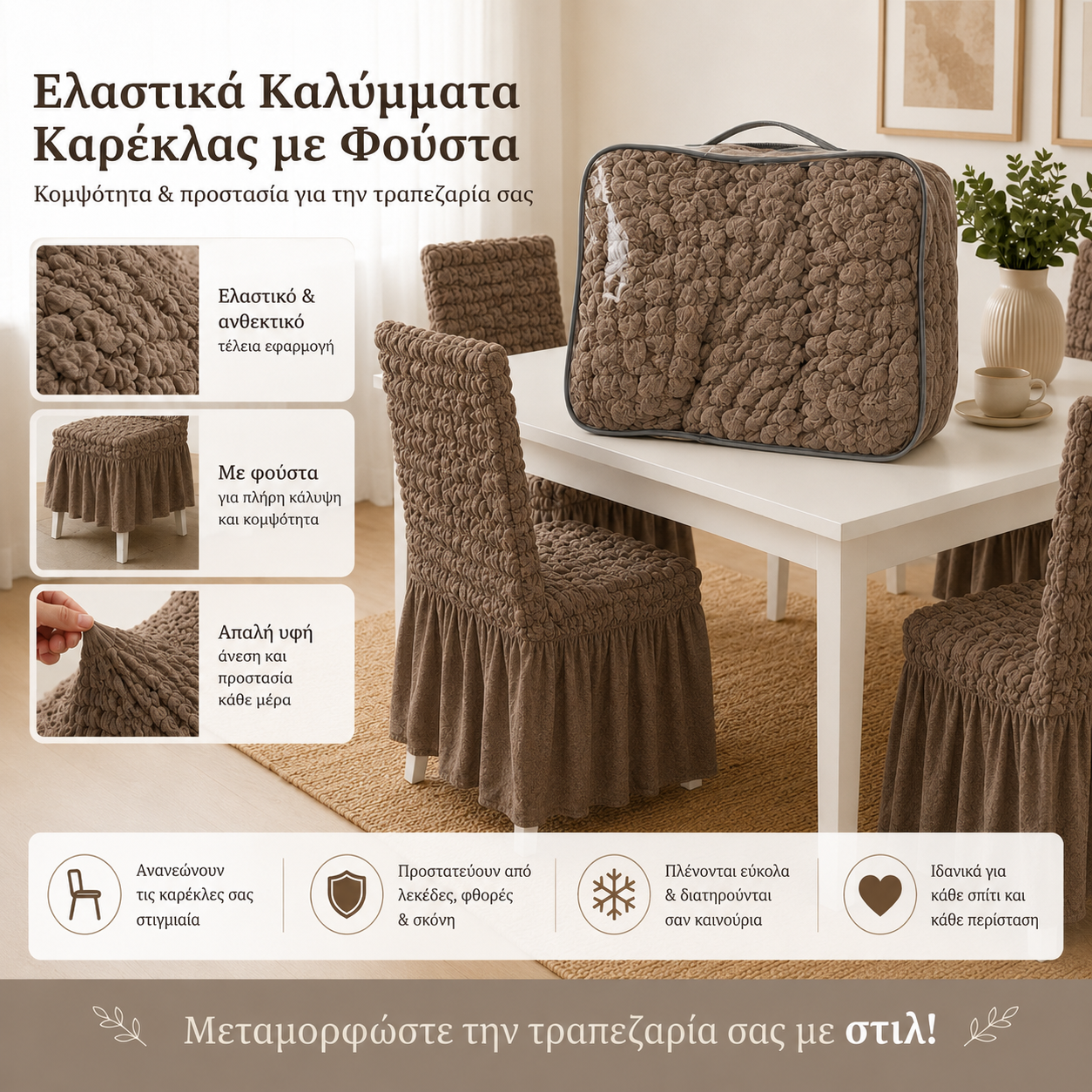 Ελαστικό Κάλυμμα Καρέκλας Τραπεζαρίας με Φούστα – Ανάγλυφο και Εφαρμοστό