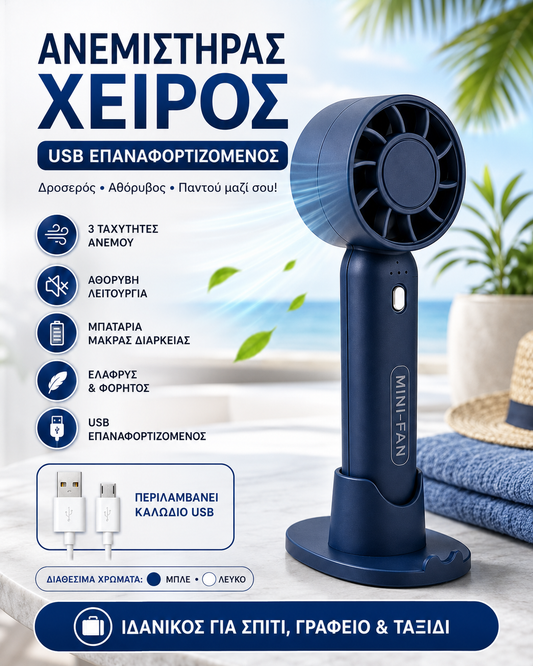Επαναφορτιζόμενος Ανεμιστήρας Χειρός USB με Βάση & 3 Ταχύτητες