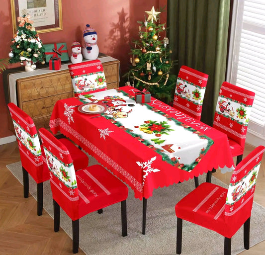 Χριστουγεννιάτικο Σετ Τραπεζαρίας – 6 Ελαστικά Καλύμματα Καρεκλών + Αλεκιαστο Τραπεζομάντηλο 150x220