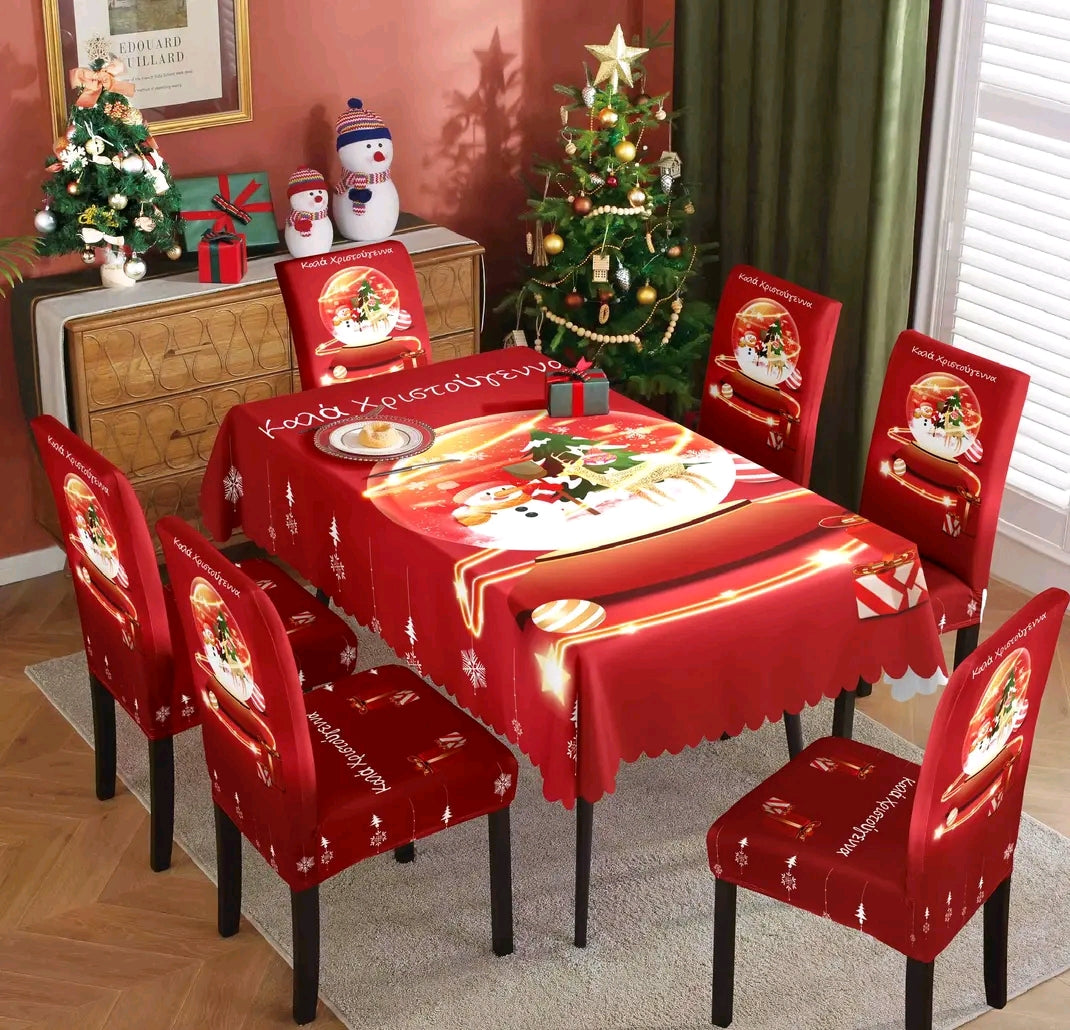 Χριστουγεννιάτικο Σετ Τραπεζαρίας – 6 Ελαστικά Καλύμματα Καρεκλών + Αλεκιαστο Τραπεζομάντηλο 150x220