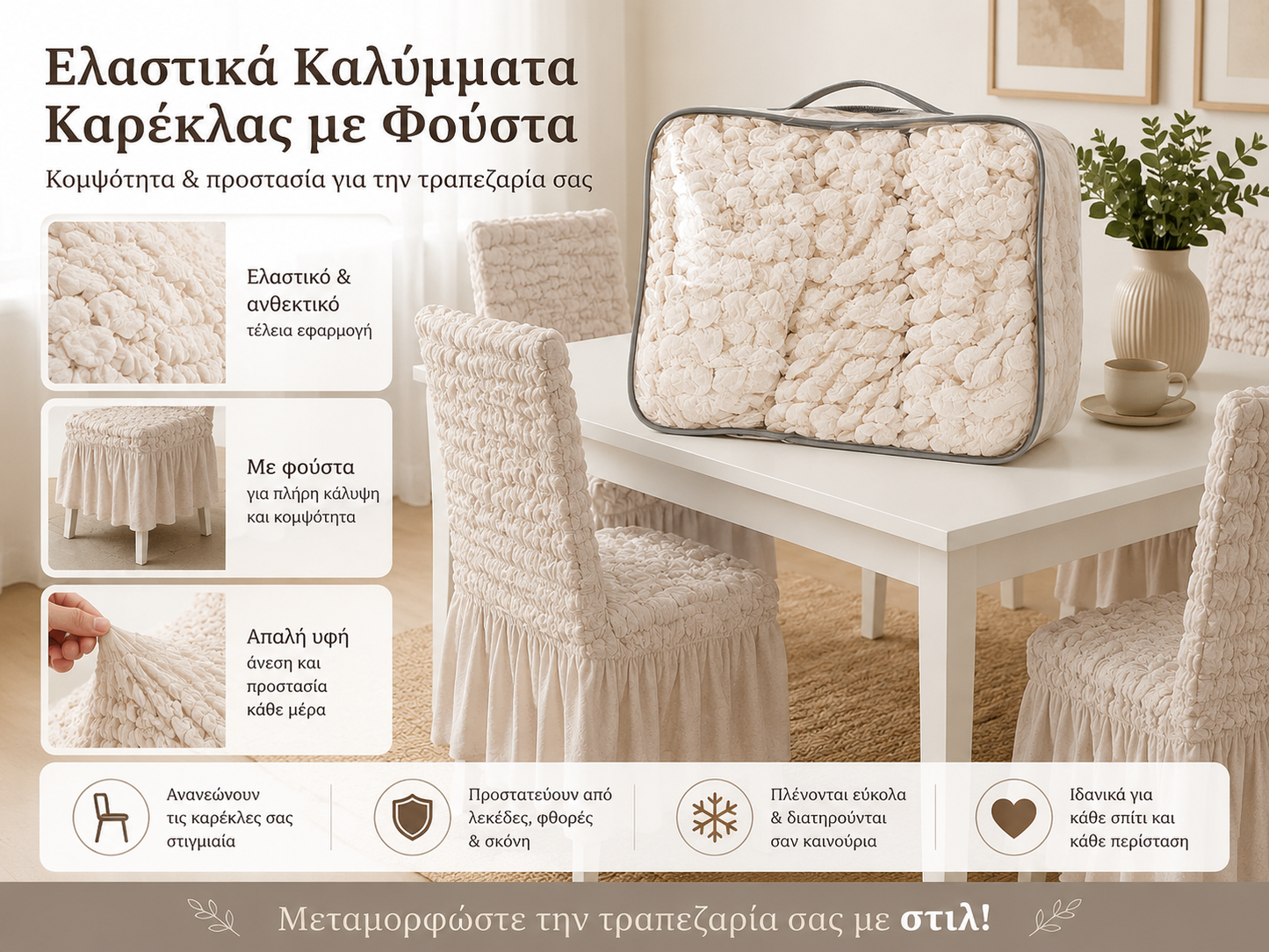 Ελαστικό Κάλυμμα Καρέκλας Τραπεζαρίας με Φούστα – Ανάγλυφο και Εφαρμοστό