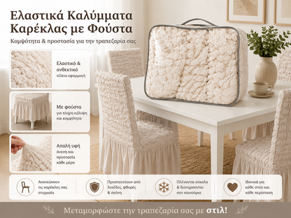 Ελαστικό Κάλυμμα Καρέκλας Τραπεζαρίας με Φούστα – Ανάγλυφο και Εφαρμοστό