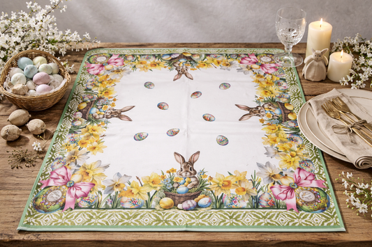 Αλέκιαστο Πασχαλινό Καρέ 85x85 – Ανθεκτικό Τραπεζομάντηλο με Λαγουδάκια & Αυγά