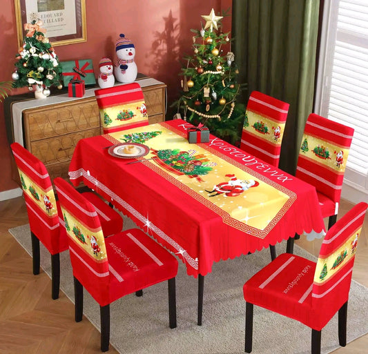 Χριστουγεννιάτικο Σετ Τραπεζαρίας – 6 Ελαστικά Καλύμματα Καρεκλών + Αλεκιαστο Τραπεζομάντηλο 150x220