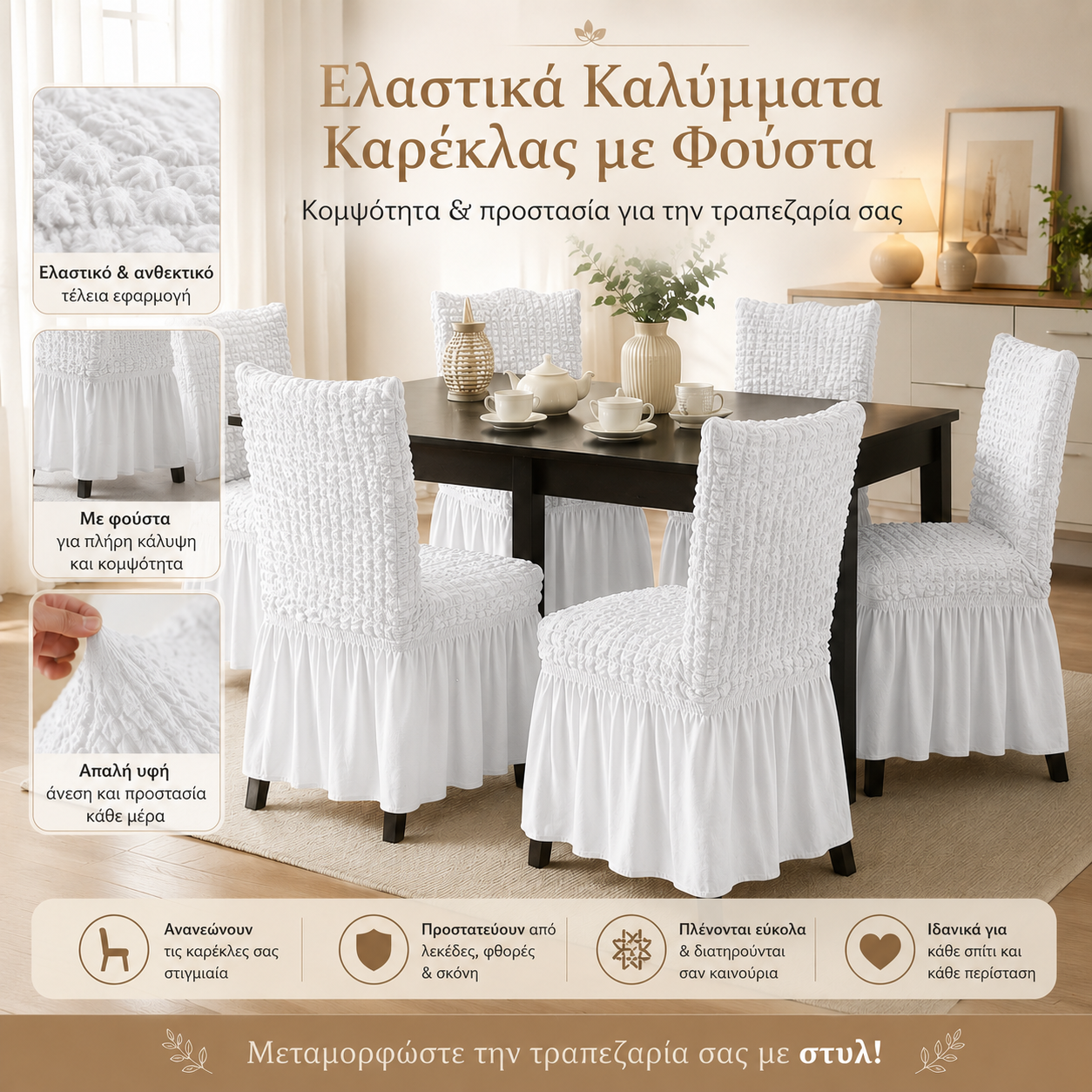 Ελαστικό Κάλυμμα Καρέκλας Τραπεζαρίας με Φούστα – Ανάγλυφο και Εφαρμοστό