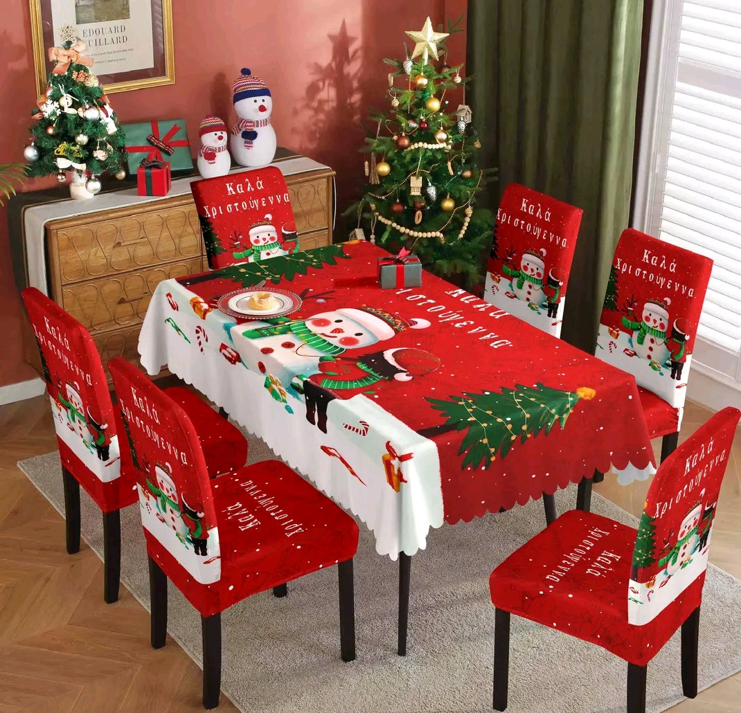 Χριστουγεννιάτικο Σετ Τραπεζαρίας – 6 Ελαστικά Καλύμματα Καρεκλών + Αλεκιαστο Τραπεζομάντηλο 150x220
