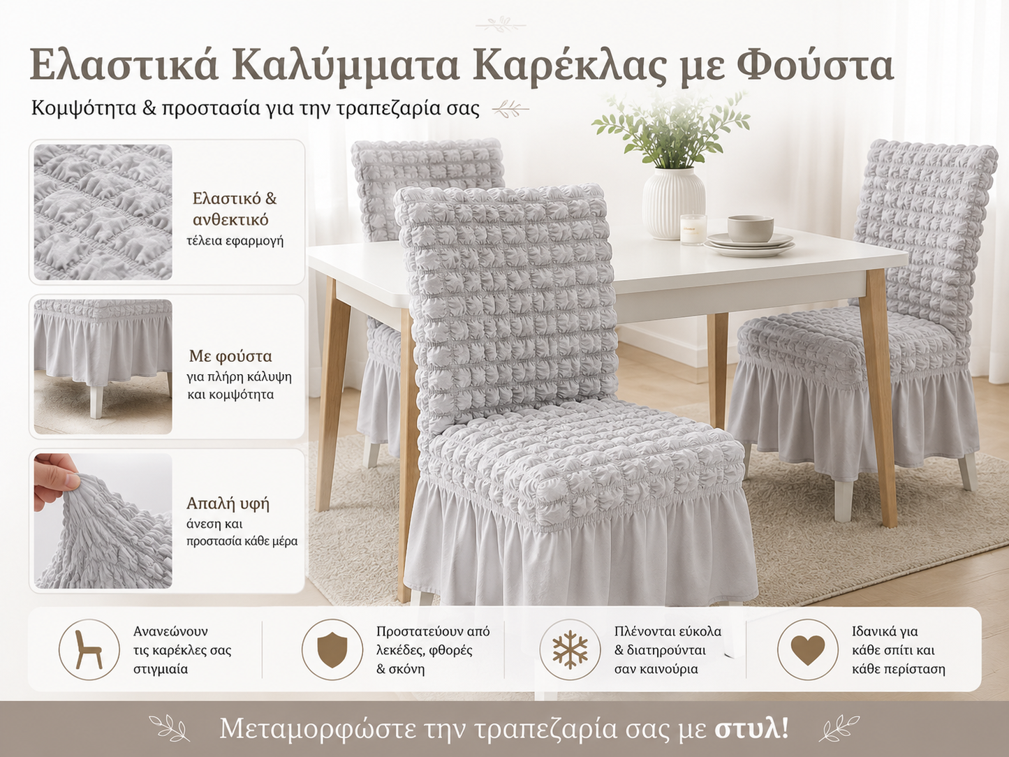 Ελαστικό Κάλυμμα Καρέκλας Τραπεζαρίας με Φούστα – Ανάγλυφο και Εφαρμοστό