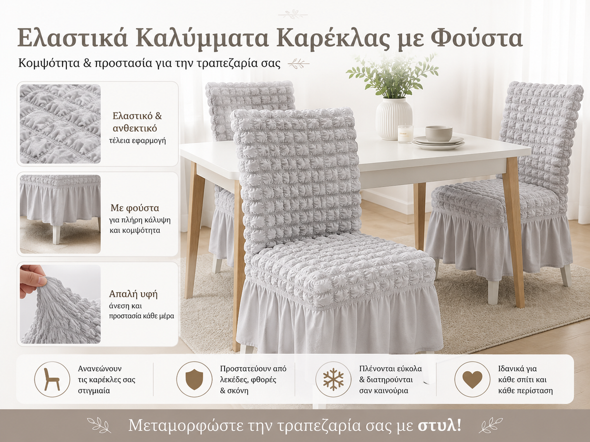 Ελαστικό Κάλυμμα Καρέκλας Τραπεζαρίας με Φούστα – Ανάγλυφο και Εφαρμοστό