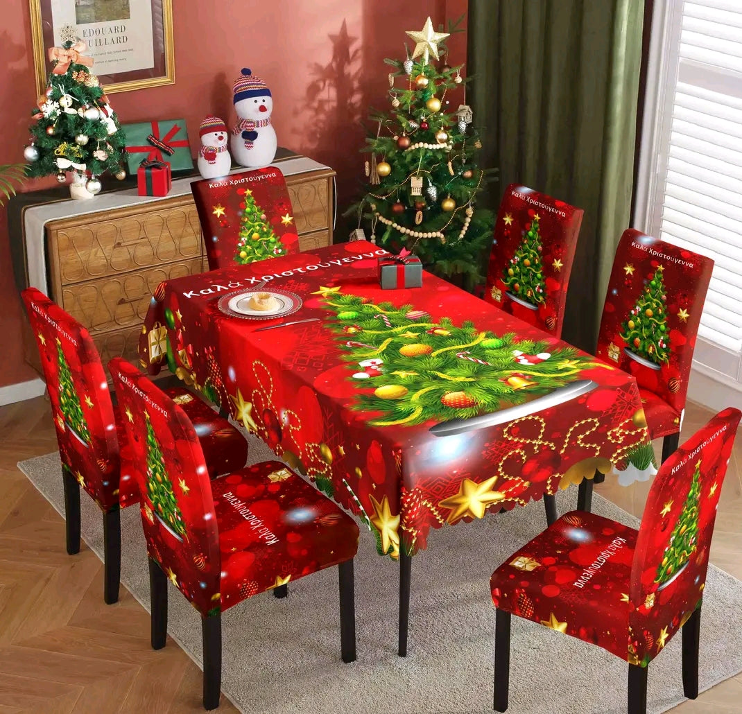 Χριστουγεννιάτικο Σετ Τραπεζαρίας – 6 Ελαστικά Καλύμματα Καρεκλών + Αλεκιαστο Τραπεζομάντηλο 150x220