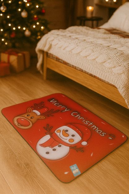 Χριστουγεννιάτικο Λαστιχένιο Πατάκι 60×40 cm – Merry Christmas με Χιονάνθρωπο, Άγιο Βασίλη & Γιορτινά Σχέδια